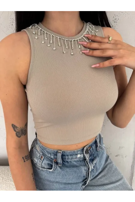 fitilli kaşkorse yakası zincirli atlet vizon fitilli kaşkorse yakası zincirli atlet vizon